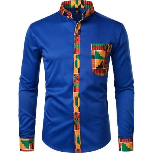 Patchwork Pocket Dashiki African Mens Shirt Africaine Print Shirt Male Ankara Style Long Sleeve Design Collar Dress Shirts