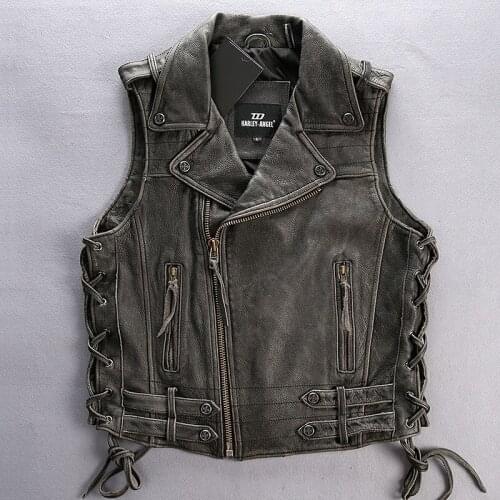 Free Shipping 2020 Vintage Cowhide Vests Mens New Genuine Leather Motorcycle Rider Vest Black Sleeveless Jacket