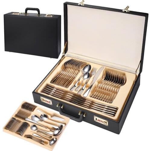 Large Luxury Dinner Set Knife Spoon Fork Stainless Steel 72-piece Cutlery Set Cookware Leather Suitcase Gift Tableware Set