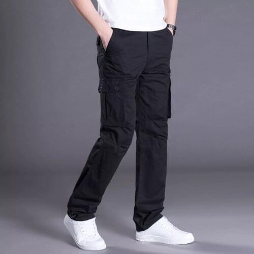 Spring Autumn Cotton Cargo Pants Men Casual Elastic Waist Straight Military Army Multi-Pocket Tactical Mens Trousers