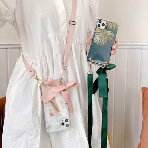 Marble TPU Lanyard Crossbody Shoulder Necklace Case Bling Banana Leaf Cover For iPhone SE2 11 12 Mini Pro Xs Max 6 6s 7 8 Plus