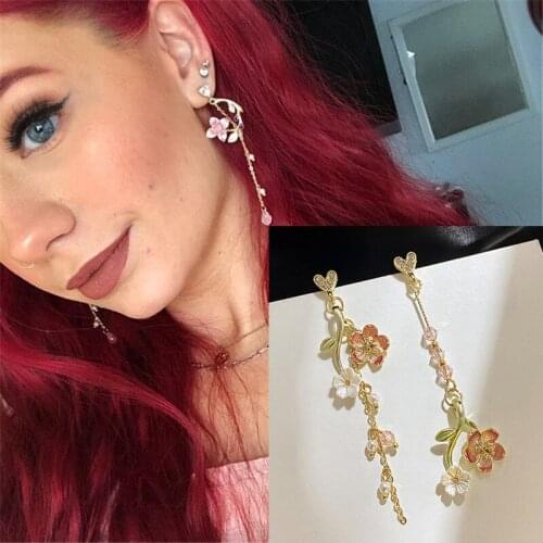 Floral Asymmetric Cherry Blossom Earrings Sakura Jewellry for Women Mismatched Pink Flower Tassel Drop Earring Bridesmaid Gift