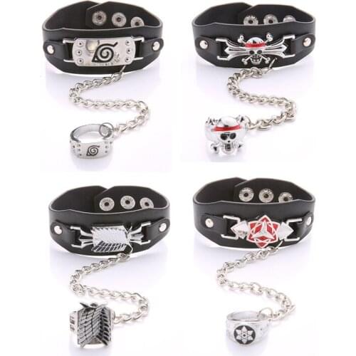 Anime Naruto Uzumaki Uchiha Sasuke Konoha Attack On Titans ONE PIECE Punk Leather Bracelet Ring Cosplay Accessories