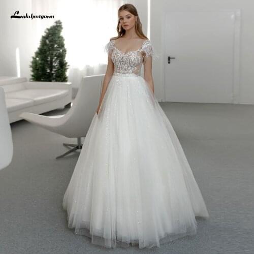 Lakshmigown Chic Bridal Dress 2021 Glitter Tulle Wedding Gown Sheer Illusion Lace Bodice Caftan Mariage Wedding Dress Cap Sleeve