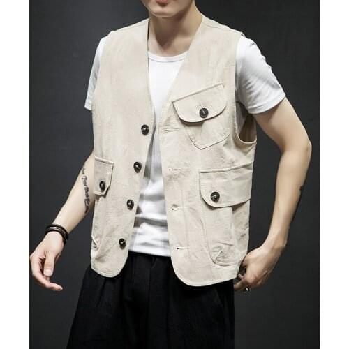 Men Summer Casual Vest Jacket Male Solid Color Sleeveless Coat Japan Style Fashion Waistcoat