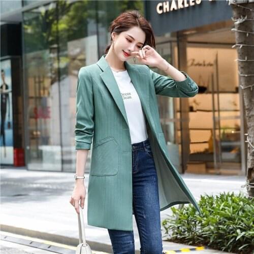 IZICFLY New Autumn Winter High Quality Green Striped OL Windbreaker Slim Business Office Trench Coat For Women Jackets Blazers