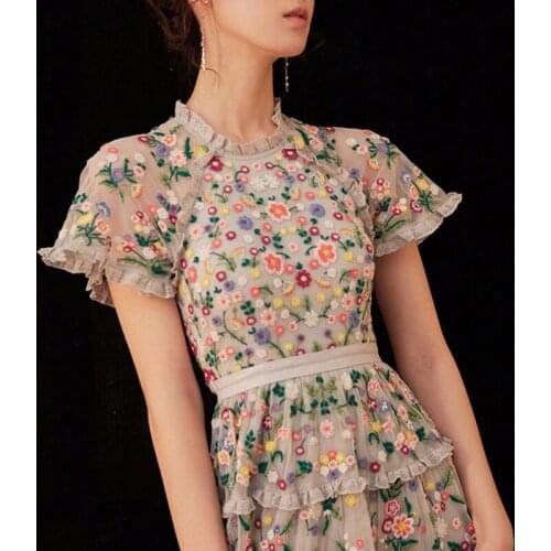 Sleeved New summer short heavy stitching net yarn embroidered dress fairy lace dress
