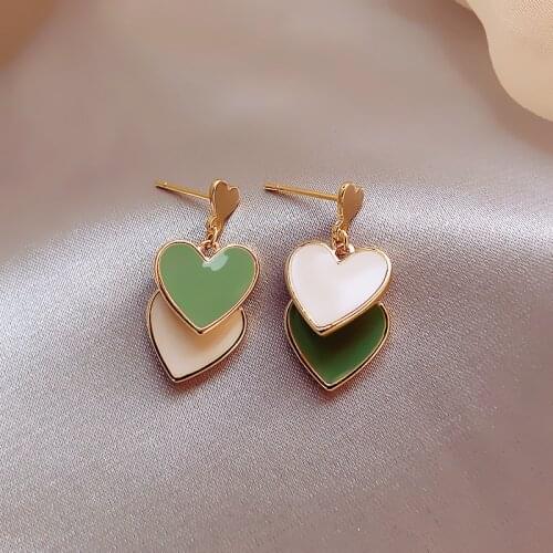 Simple Contrast Color Heart Earrings 2020 Summer Korean Style Metal Double Heart Drop Dangle Earrings Wedding Party Jewelry Gift