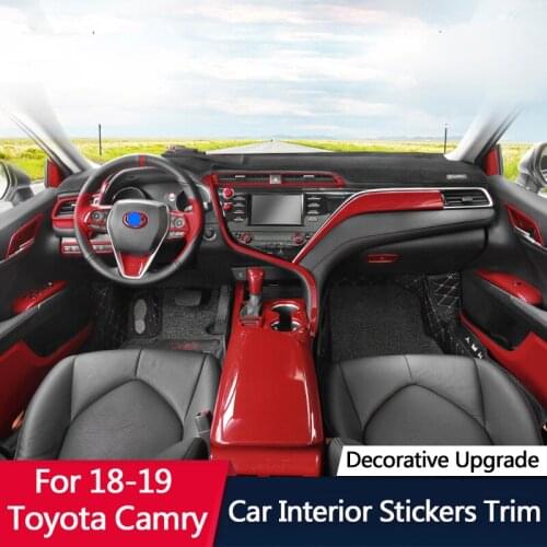 QHCP Car Gear Shift Head Cover Trim Steering Wheel Button Frame Inner Door Bowl Stickers ABS Red Carbon For Toyota Camry20182019