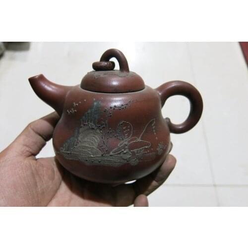 Old Chinese Handcraft Enameled YiXing Purple Clay (red stoneware) Teapot ,Landscape & Goose,with mark,Free shipping