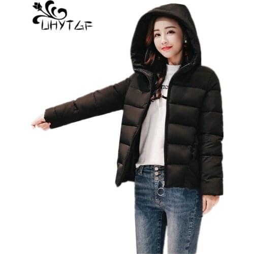 UHYTGF Jacket Women Winter Fashion Warm Thick Solid Short Style down L-6XL plus size Cotton Hooded padded Parkas woman Coat X492