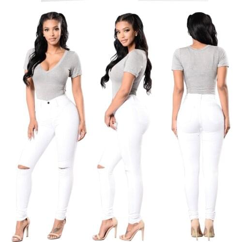 High Quality Skinny White Ripped Hole Jeans for Woman Casual Mid Waist Denim Pencil Pants Slim High Elastic Balck Jeans