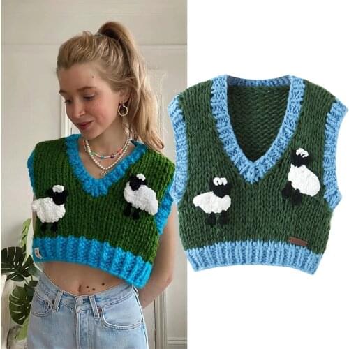 WESAY JESI Za Womens Sweater Vest Oversize Cropped Knitted Sweater Vest Cartoons Fashion Sleeveless Straps Sleeveless Pullover