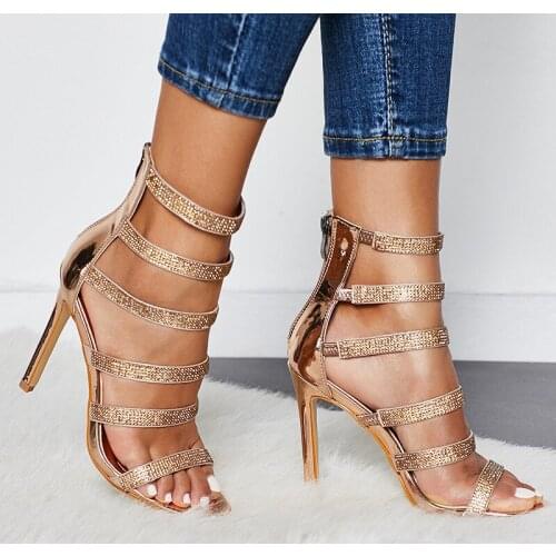 Women sandals PU Sequined Cloth 11.5CM Thin Heels High heels Round Toe Rhinestones Shallow sandal for women shoes size 35-42