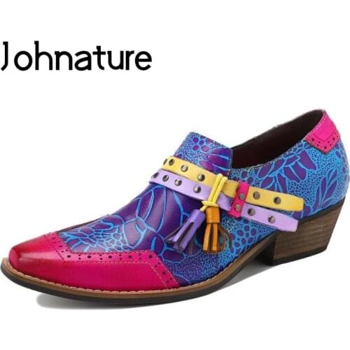 Johnature Genuine Leather Pumps Women Shoes Hand-painted High Heels 2021 New Zip Retro Mixed Colors Handmade Sewing Ladies Shoes