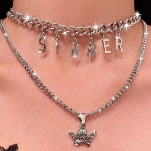 Women hip hop letter choker angel pendant necklace set SINNER double clavicle chain goth collares DIY jewelry