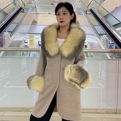 Cashmere Coat Women Real Fur Jacket Natural Fox Fur Collar And Cuffs Autumn Winter Wool Blends Jackets Knee-Length Outwear