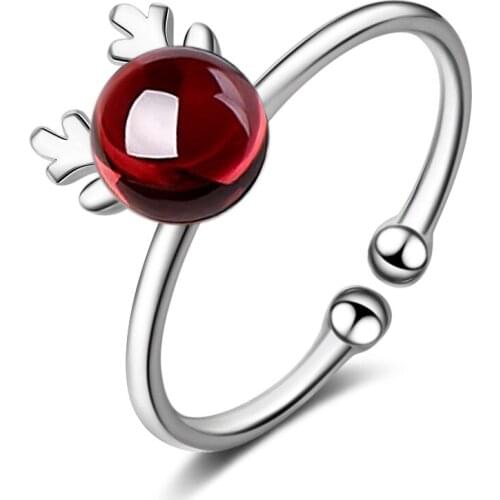 New Fashion Sweet Cute Deer Animal Garnet Stone 925 Sterling Silver Female Finger Rings Jewelry For Women Party Open Ring