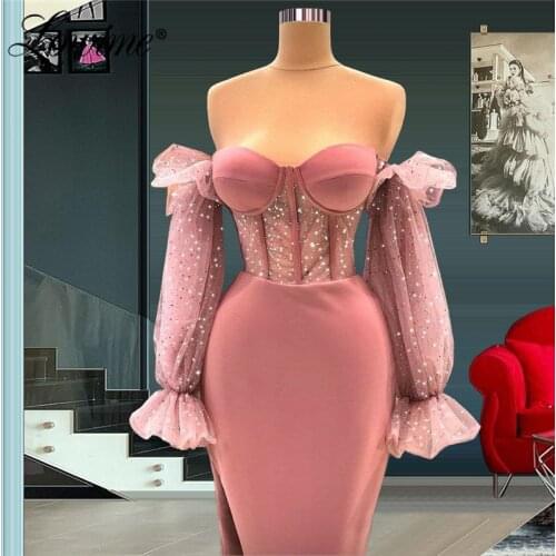 Lowime Arabic Off The Shoulder Party Dress Mermaid Long Sleeves Evening Gowns 2021 Shiny Dubai Customized Prom Dresses Vestidos