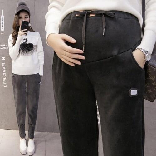 378# Winter Thicken Warm Plus Velvet Maternity Pants Elastic Waist Belly Pants Clothes for Pregnant Women Pregnancy Trousers