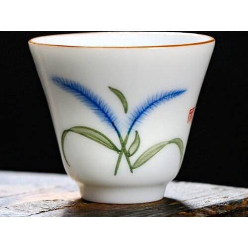 4Pcs/Lot Green Bristlegrass Porcelain Teacup Hand-Painted Ceramic Tea Set White Porcelain Kung Fu Tea Cups