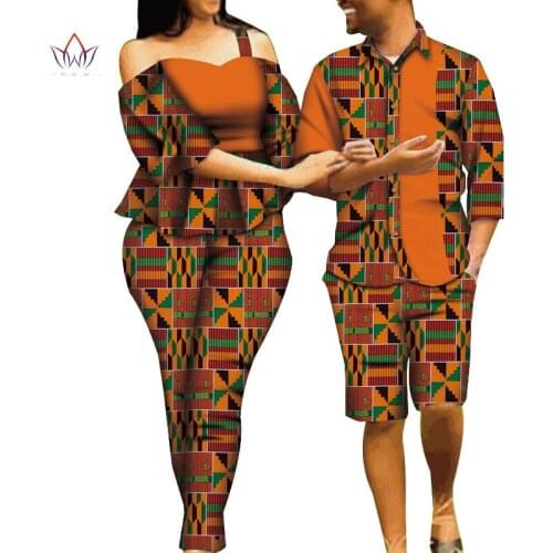 Bintarealwax Dropshipping Kent African Clothes for Couple Bazin Men Short Sets Women Crop Top with Pants Couple Clothing WYQ570