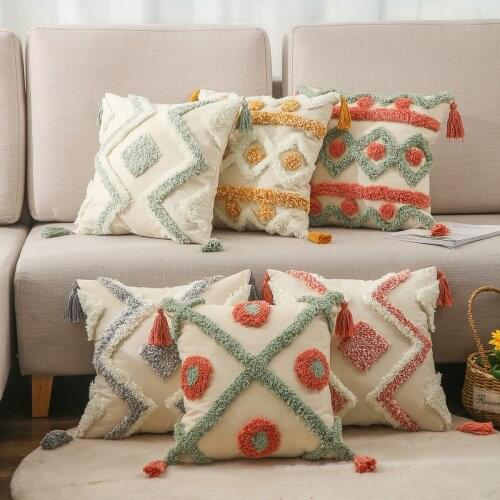 Moroccan Style Tufted Pillow Case Cotton Embroidery Boho Sofa Cushion Cover Tassels Decorative Pillowcase Boho Home Decoration