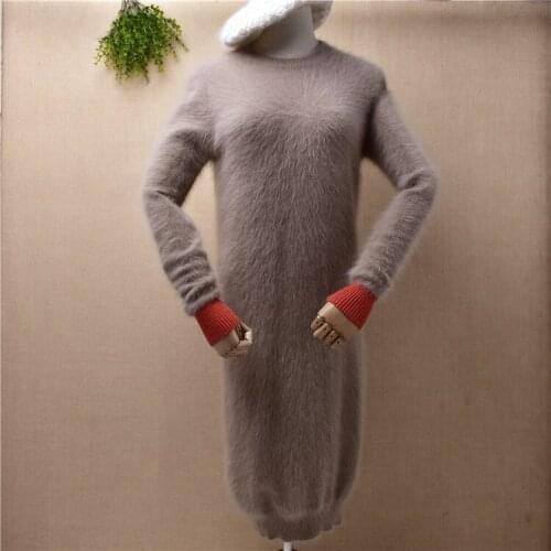 Ladies women fashion hairy fluffy angora rabbit fur knitted long sleeves slim blouses pullover fall winter sweater dress pull