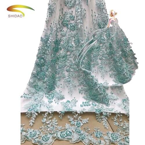 Egypt French luxury 3d handmade high quality embroidery decorated beads lace fabrics for African wedding dress 5 yards/lot