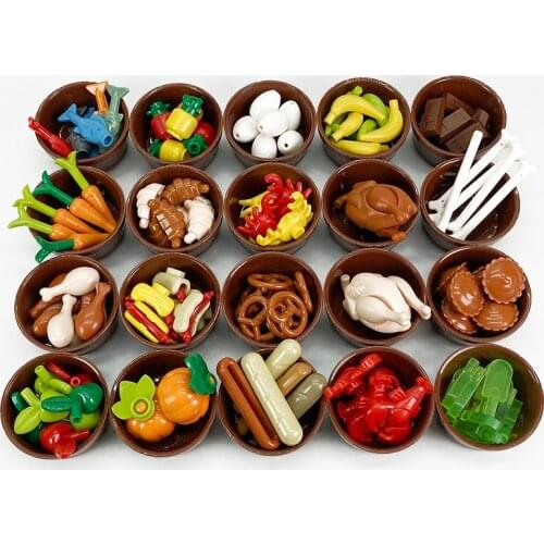 City Food Accessories Building Blocks Fish Bread Carrot vegetables Fruits kitchen roast chicken legs Parts Friends Bricks toys