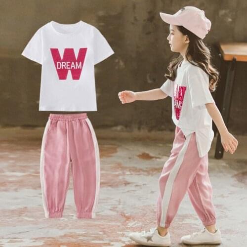 Summer Children Casual Set Toddler Girl Pants Sets Sequin Letter Pattern Short Sleeve Tops T-shirt+Pants Suits