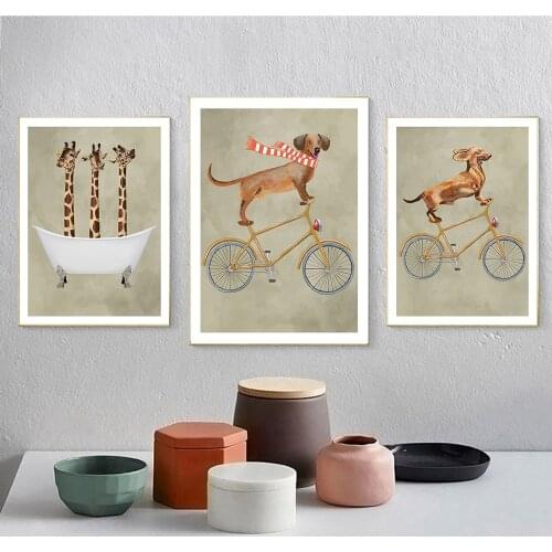 Nordic Funny Dachshund on Bicycle Canvas Painting Animals Posters Print Wall Art Giraffe Bathtub Picture for Bathroom Home Decor