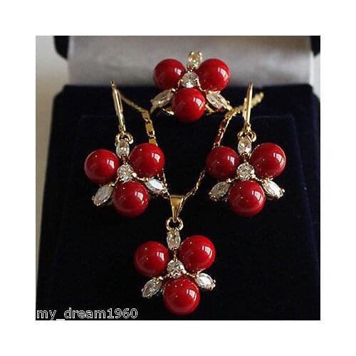 Nobility Quartz crystal 8MM Coral Red South sea Shell Pearl Craystal Earrings Ring Necklace Pendant Set Grad