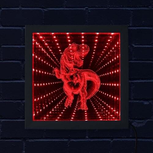 Jurassic Dinosaur 3D Novelty Tunnel Night Lamp Tyrannosaurus T-Rex Infinity Mirror Light LED Optical Illusion Wood Frame
