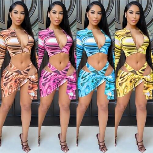 2021 New Style Women’s T-shirt and Skirt Thong 3pcs Suit Fashion Print Cropped Tops and Bandage Short Skirt with Panty