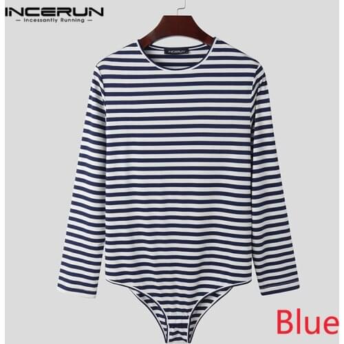 Leisure Long Sleeve Round Neck Homewear Tops INCERUN Men Striped Bodysuit T Shirts Fitness Rompers Camisetas Man Sexy Tees S-5XL