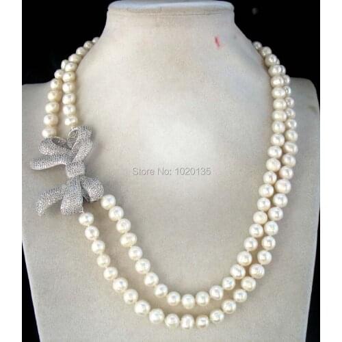 One set 2rows freshwater pearl white near round 8-9mm and bowknot necklace bracelet 19-20inch fashion for gift