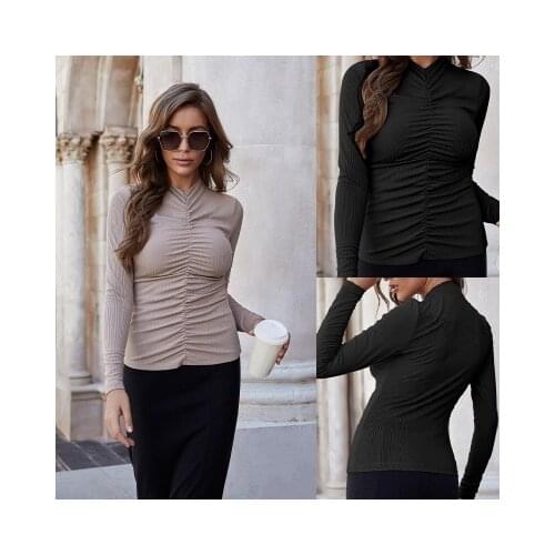 Autumn Ladies Small High-neck Solid Color Pleated Long-sleeve Tight T-shirt Womans Wild Loose Slimming Bottoming Shirt Sexy Top