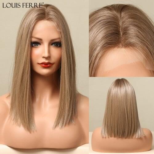 LOUIS FERRE Blonde Bob Wigs Heat Resistant Cosplay Natural Short Cut Synthetic Wigs Light Golden Lace Front Hair Wigs for Women