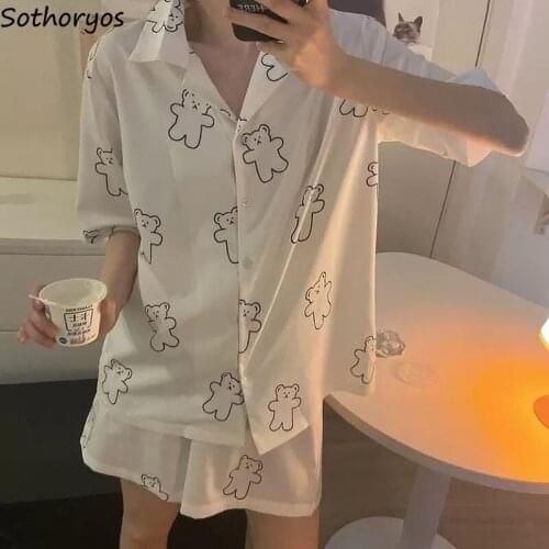 Women Pajama Sets Short Sleeve Single Breasted Retro Elegant Lovely Ulzzang Loose Cartoon Printed Lounge Wear Comfortable Teens
