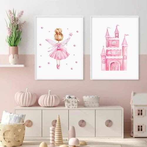 Princess Pink Dream Castle Girl Nursery Canvas Painting Poster Pictures Wall Art Decor Bedroom Room Decoration Girl No Frame