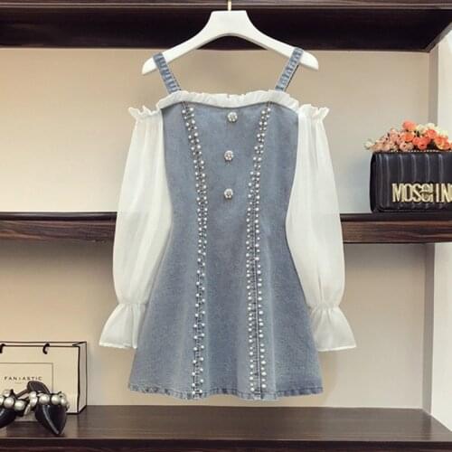Plus size women long sleeve denim dress 2021 Summer slash neck pearl beading A-line midi dresses sweet korean women vestidos