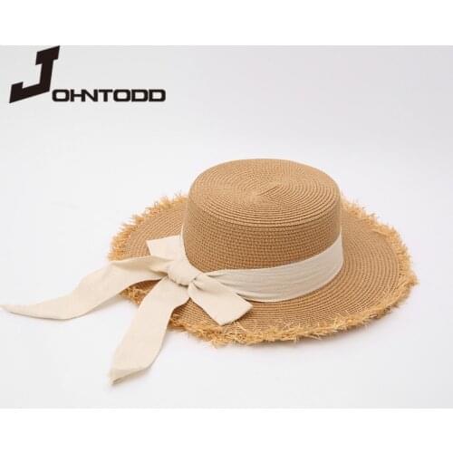 2021 New Summer Women Flat Top Straw Hat with Black White Ribbon Bowknot Sun Hat Ladies Beach Hat Large Brimmed Hat Sunscreen
