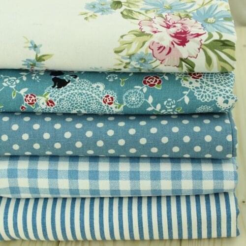Blue 5 Assorted Pre-Cut Twill Cotton Quality Quilt Fabric Fat Quarter Tissue Bundle, Charm Sewing Handmade Textile Cloth 50x40cm