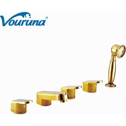 VOURUNA New Arrival Hotel Decor Water Saver Luxury Solid Brass Golden Finished Bathtub Filler 5pcs Tub Mixer for Bath