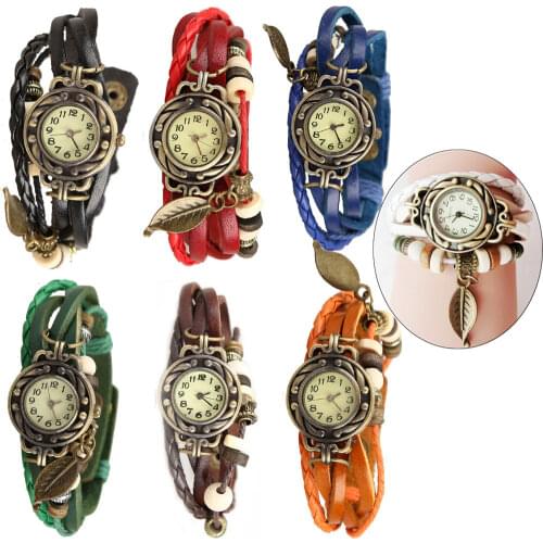 Vintage Bracelet Quartz Wrist Watch with Weave Wrap Leather Band Leaf Beads for Women