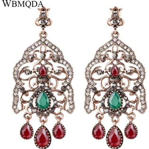 Wbmqda Luxury Big Drop Earrings Vintage Jewelry 2021 Antique Gold Ethnic Bride Wedding Earrings Crystal Accessories For Women