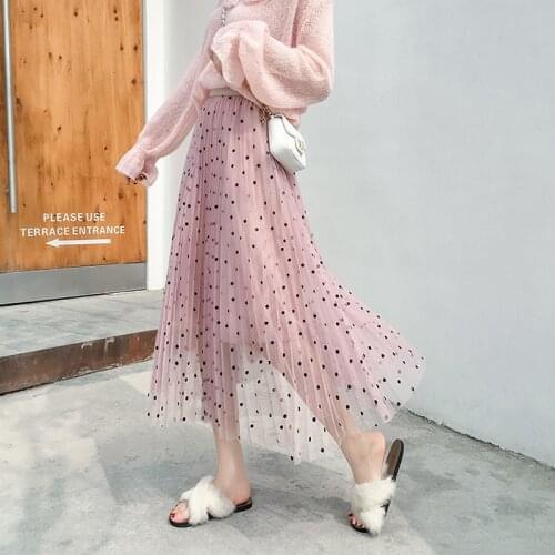 Women Dot Chiffon Skirt Ladies Pleated Mid-Calf Empire Casual Midi Skirts Fashion