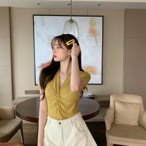 Womens Spring summer Sexy V-neck Cross T-shirt short-sleeved Asymmetrical Slim Tops Female Tees y2k top 2021woman tshirts