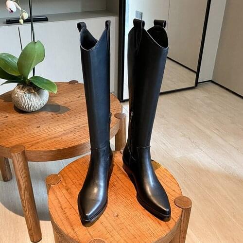 2021 New Winter Women Retro Western Knight Long Boots Genuine leather Pointed Toe Shoes Female Leather Sewing Ladies